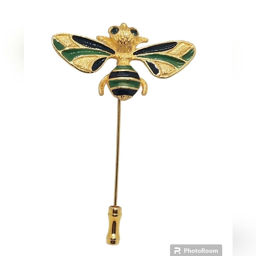 FLORENZA VINTAGE 24K GOLDPLATED WITH GREEN & BLUE ENAMEL BUMBLE BEE STICK PIN